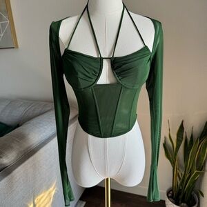 Green Fashion Nova Top XS Sexy Going Out Long Sleeve Corset Crop Mesh Chic